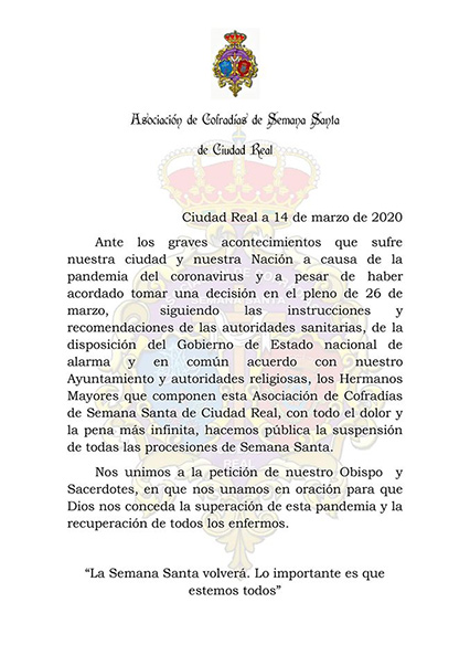 Comunicado Oficial Semana Santa 2020. Hermandad del Santísimo Cristo de la Caridad.