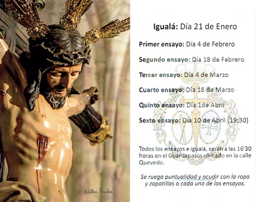 Calendario de ensayo de costaleros del paso del Santísimo Cristo de la Caridad 2017